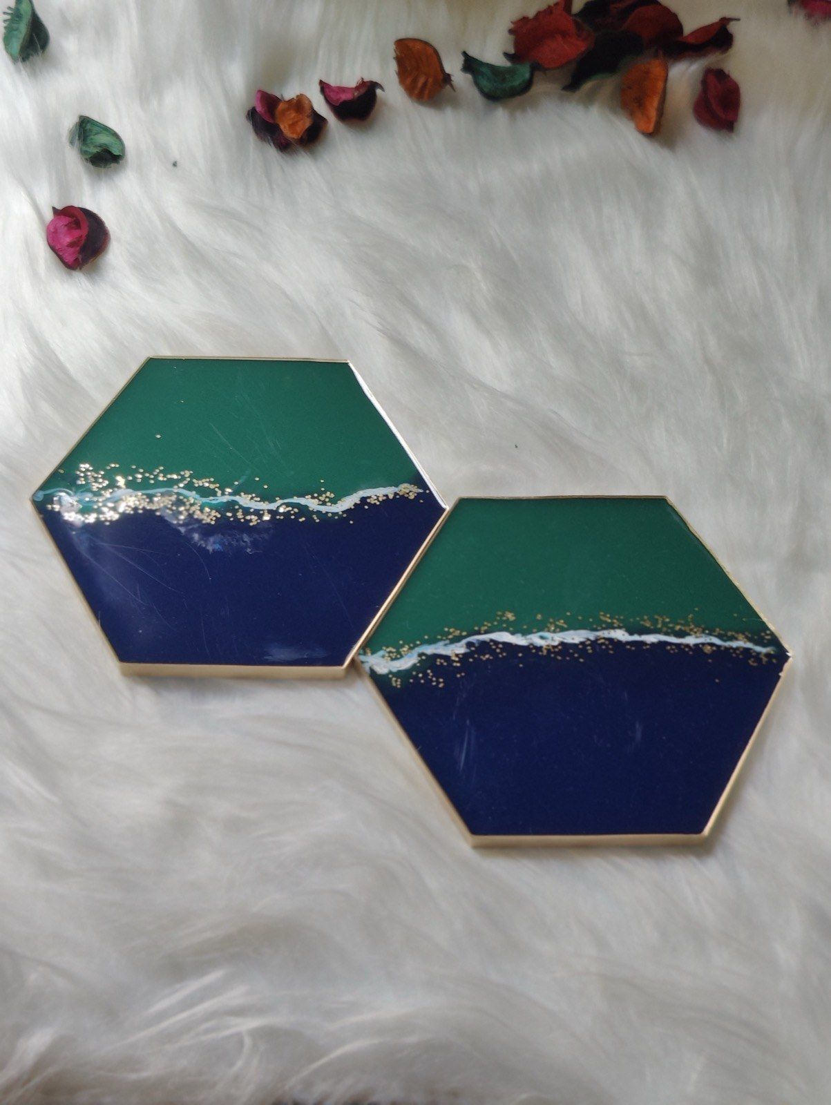 Emerald & Navy Hexagon Coasters, Set of 2, view 1