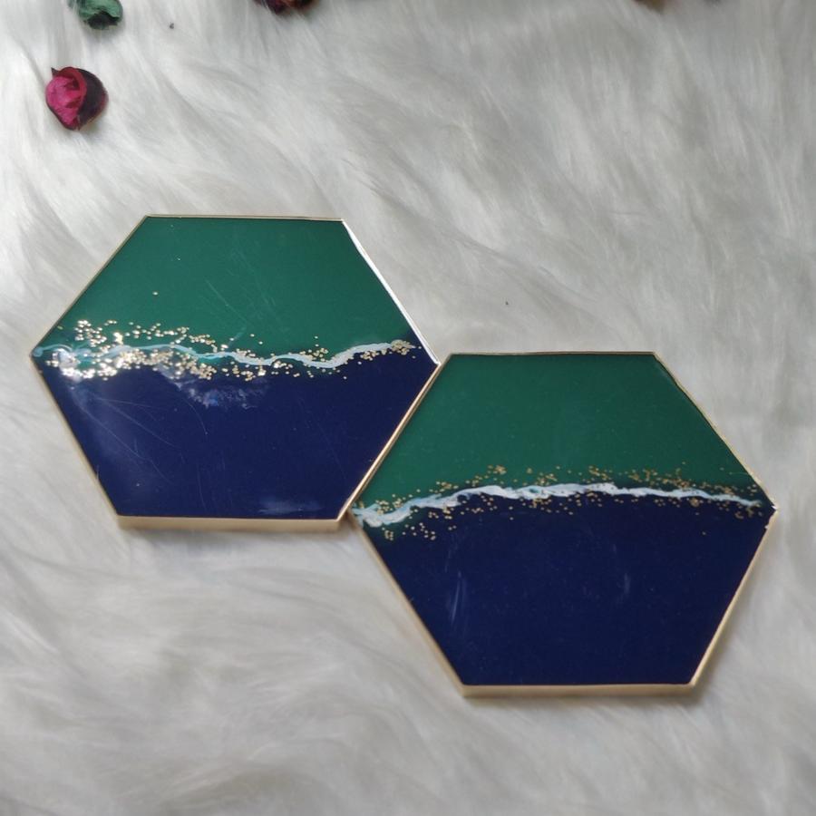 Emerald & Navy Hexagon Coasters, Set of 2, view 1