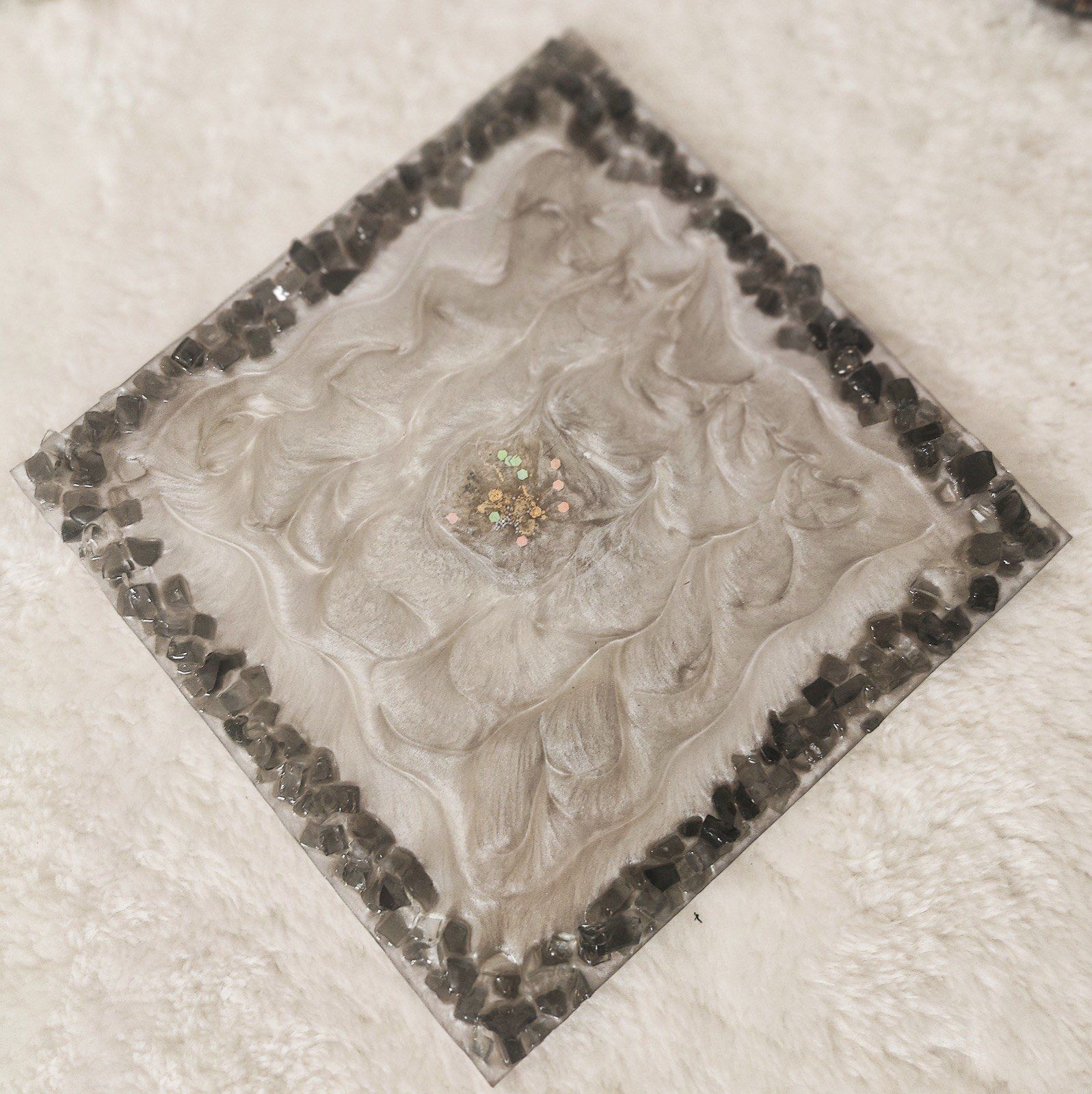 Pearl White Square Tray with Black Stone Edge, view 1